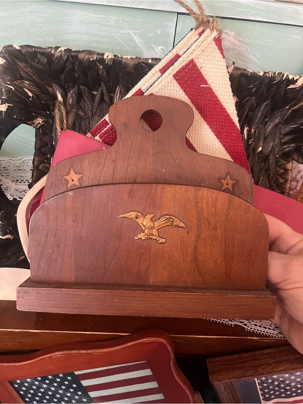 Vintage Wooden Napkin Holder with Gold Eagle and Star Accents - Brown & Gold